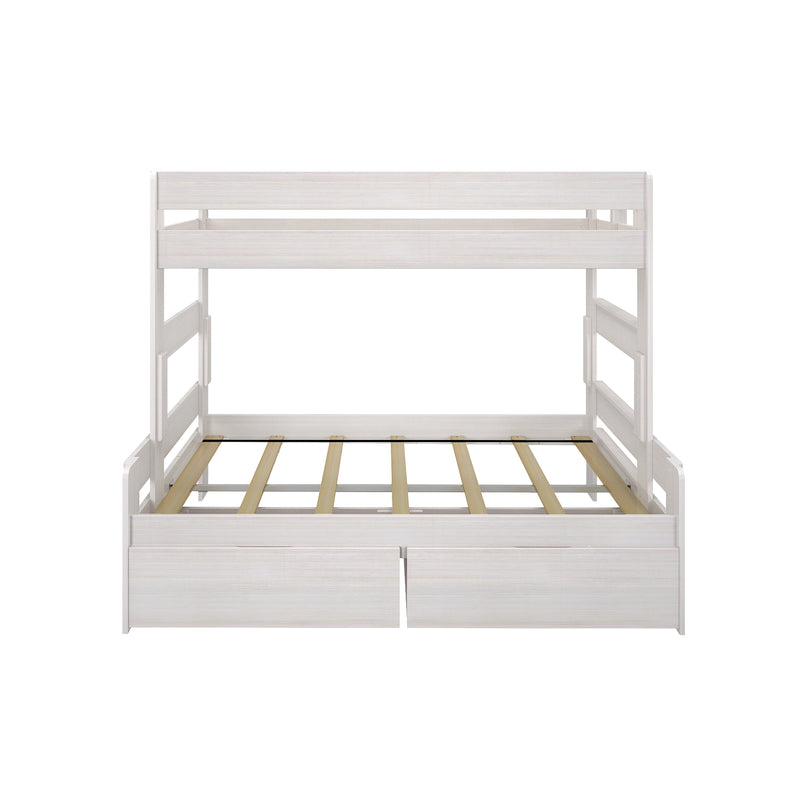 White wooden loft bed frame with built-in drawers, slatted mattress platform and safety guardrails — space-saving kids' and teen loft bed