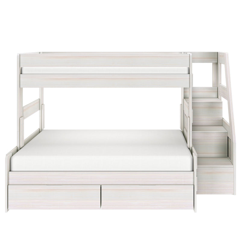 Whitewashed wooden loft bunk bed with built-in staircase and under-bed storage drawers, twin-over-full platform bed for kids' bedroom