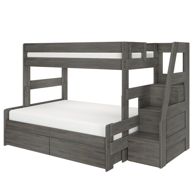 Gray wood twin-over-full bunk bed with staircase, built-in storage drawers and modern farmhouse style