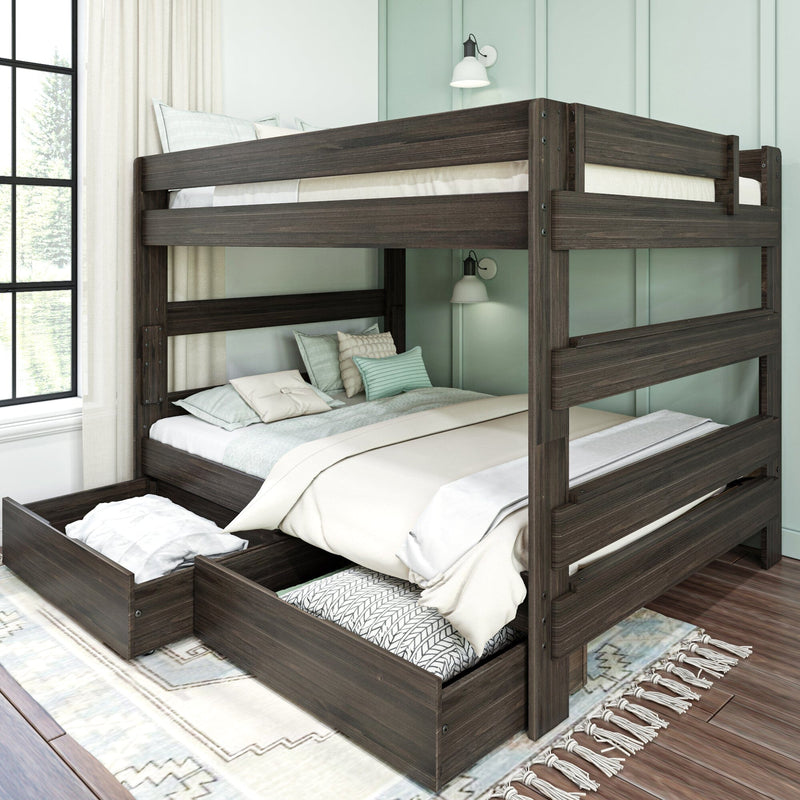 Dark wood bunk bed with pull-out under-bed storage drawers and trundle, twin-over-full layout with light bedding, mint-green accent wall and large window in a modern children's bedroom.
