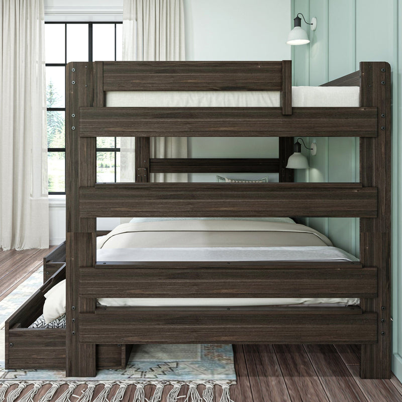Dark wood bunk bed with white bedding in a modern bedroom featuring a wall sconce, large grid window, sheer curtains, hardwood floor and area rug
