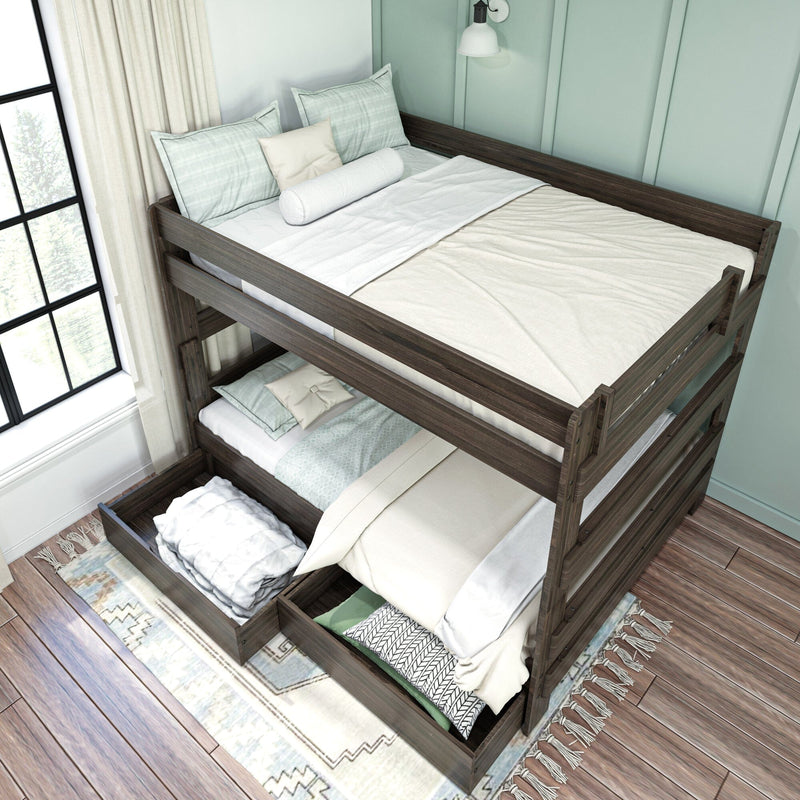 Wooden bunk bed with pull-out storage drawers and trundle, white and mint bedding, large window letting in natural light, hardwood floor and rug