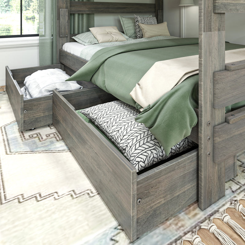 Grey weathered wooden bunk bed with under-bed storage drawers and trundle, green duvet and patterned pillows for modern bedroom decor