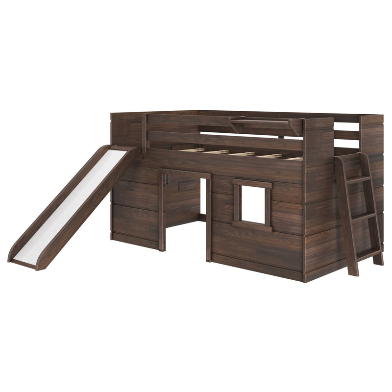 Dark walnut wooden loft bed with built-in slide and ladder, playhouse-style kids bunk bed