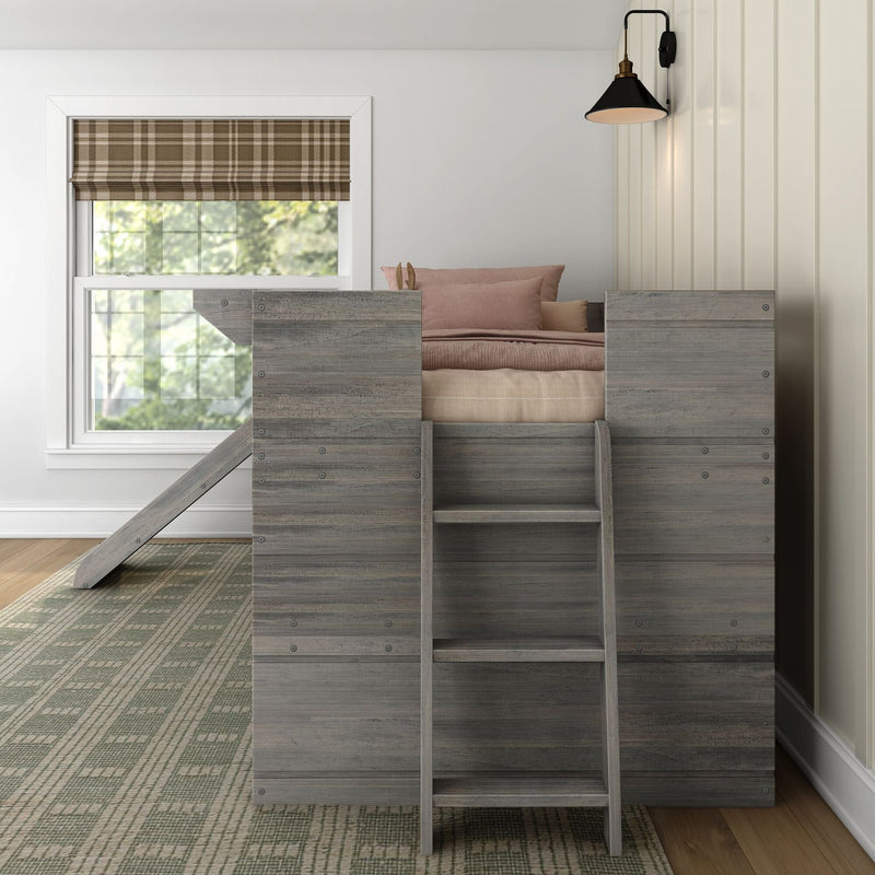 Cozy kids loft bed in gray reclaimed wood with ladder, blush pink bedding, plaid brown Roman shade over white-trim window and black brass wall sconce in a neutral modern farmhouse bedroom