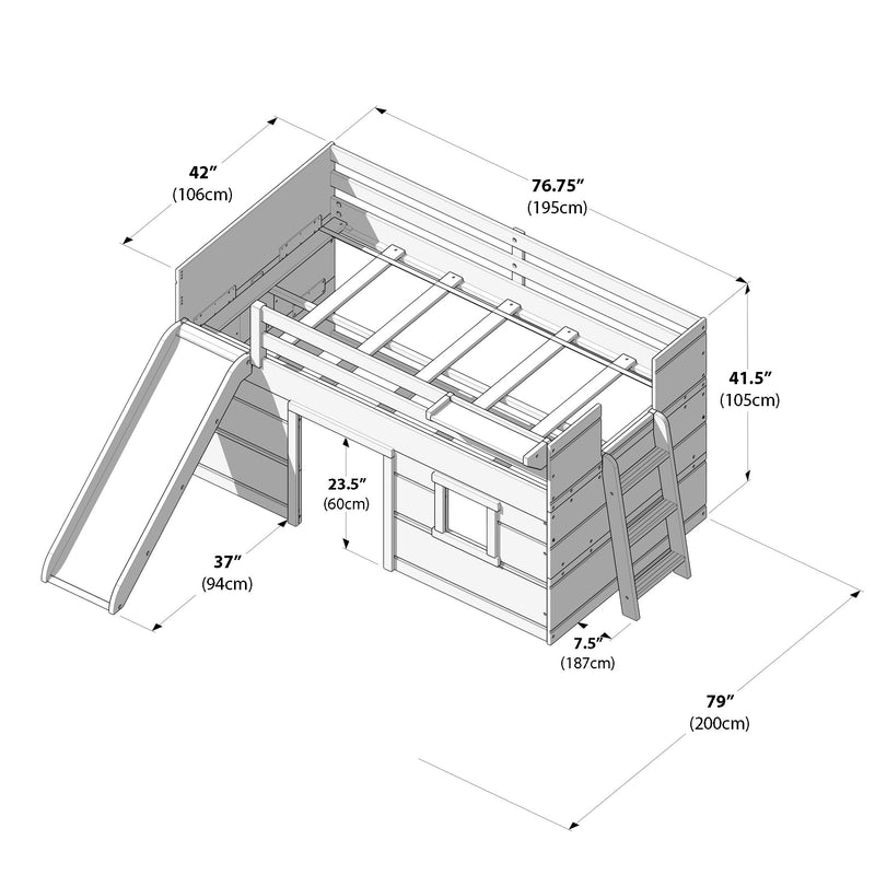 Diagram of a wooden kids' loft bed with slide and ladder, playhouse-style bunk with labeled dimensions (inches/cm) for children's bedroom