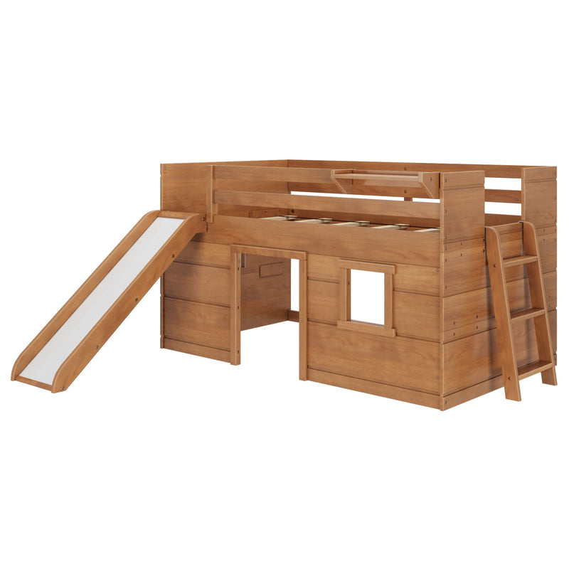 Solid wood kids loft bed with slide and ladder and built-in playhouse lower area in natural maple finish