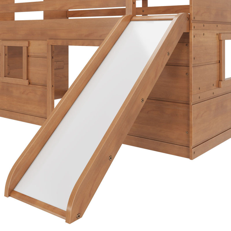 Close-up of kids solid wood loft bed with natural brown finish and integrated white slide, playhouse-style bunk bed detail
