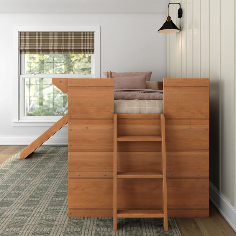 Wooden loft bed with ladder in a kids' bedroom, neutral bedding, plaid roman shade and black wall sconce
