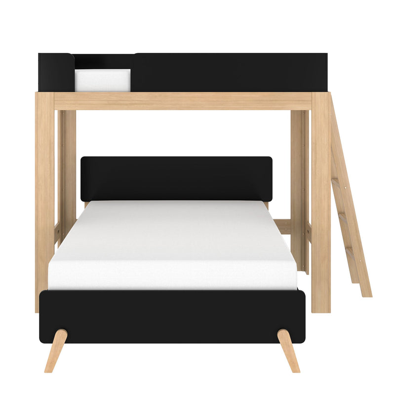 Natural oak solid wood loft bunk bed with black guardrails and ladder, twin mattress displayed, modern kids bed