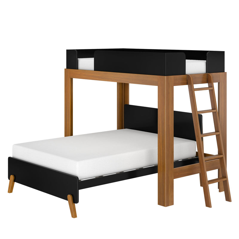Modern walnut wooden loft bed with built-in ladder and black safety rails, space-saving twin platform bed frame with white mattress