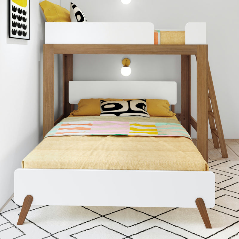 Modern wooden bunk bed with white guardrails and ladder, yellow bedding, black-and-white patterned pillow and pastel striped throw in a bright Scandinavian-style kids bedroom
