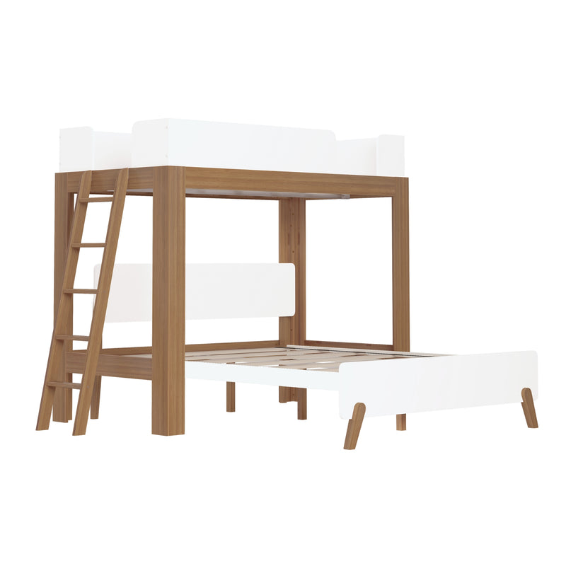 Modern solid wood loft bed with ladder and white guardrails, space-saving bunk frame