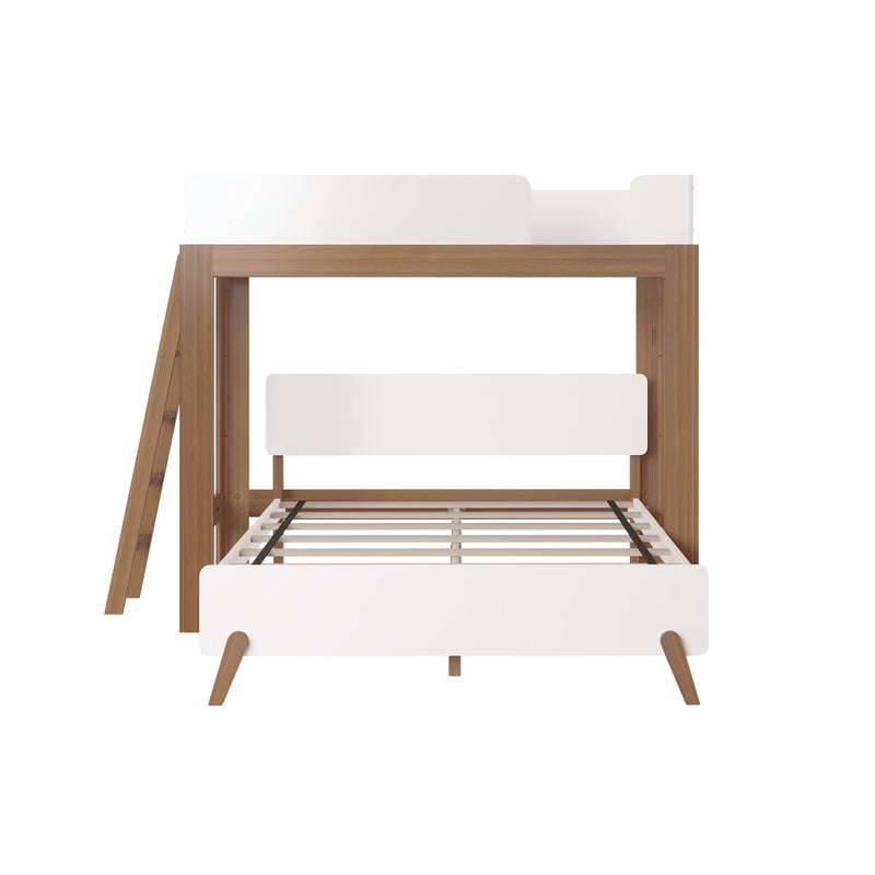 Oak loft bed with white guardrails, slatted mattress support, angled mid-century wooden legs and ladder — modern twin loft bed for kids' bedroom