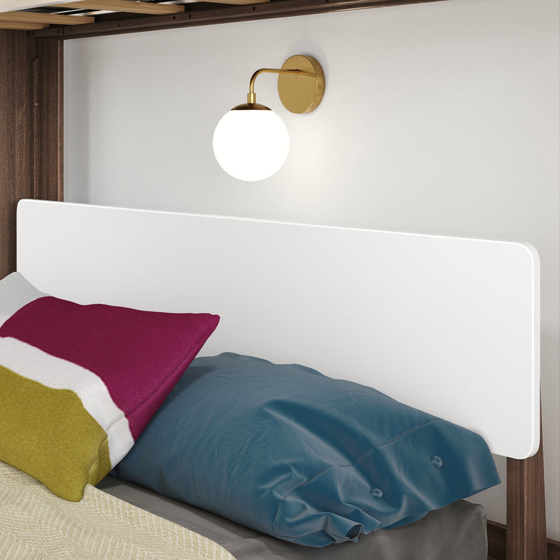 Modern brass globe wall sconce over white headboard above bed with colorful pillows and blue duvet, contemporary bedside lighting and bedroom decor
