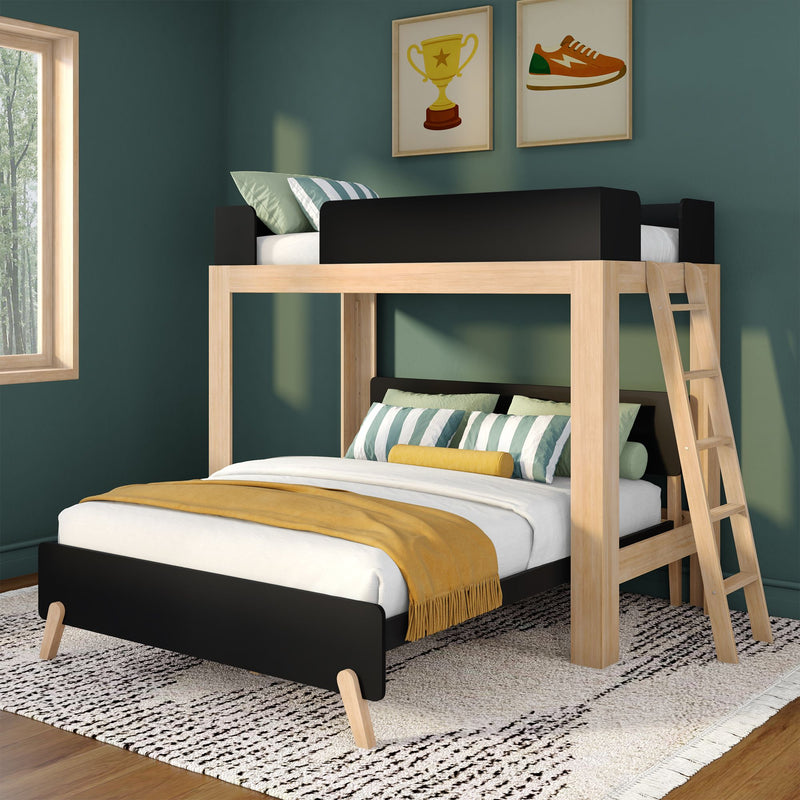 Modern wooden loft bunk bed with ladder in a green-accent kids bedroom, black trim, striped pillows and mustard throw on white bedding, framed trophy and sneaker wall art, natural window light