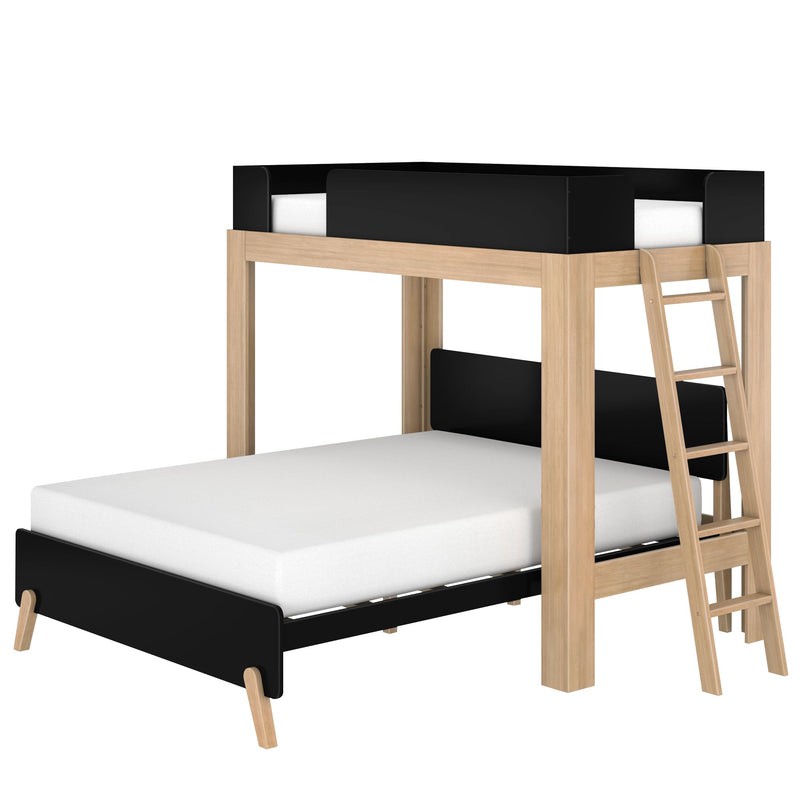 Modern natural wood loft bed with black guardrails and ladder, white mattress — space-saving bunk bed for kids' bedrooms