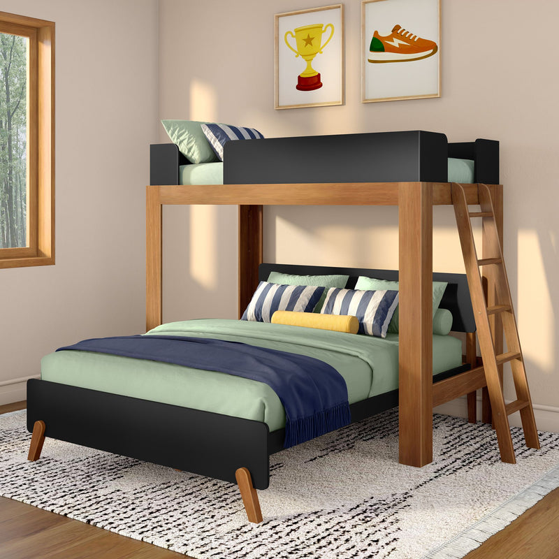 Mid-Century Modern Twin Over Queen L-Shaped Bunk Bed