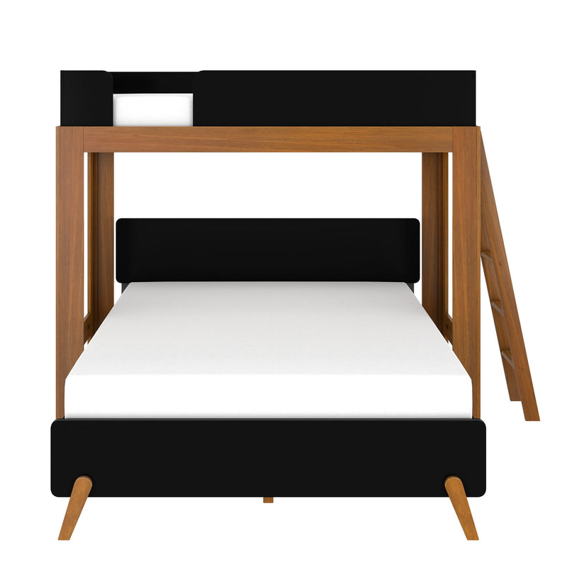 Modern wooden loft bunk bed with black safety rails and ladder, twin white mattress on lower bunk, tapered mid-century style legs and natural wood finish