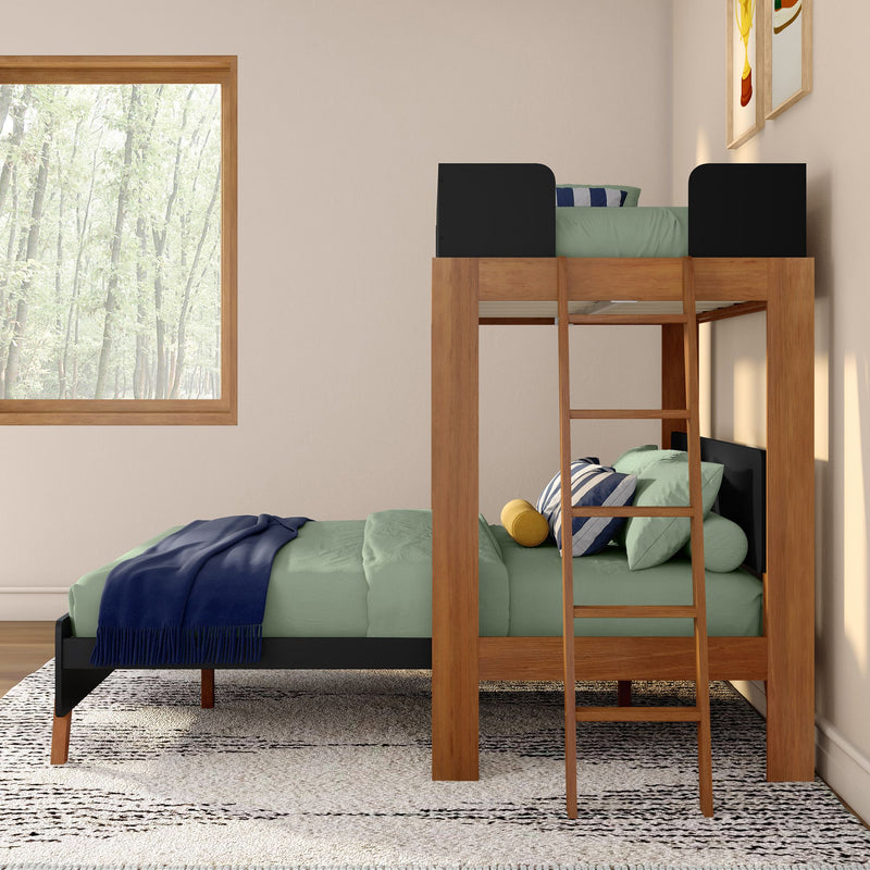 Mid-Century Modern Twin Over Queen L-Shaped Bunk Bed