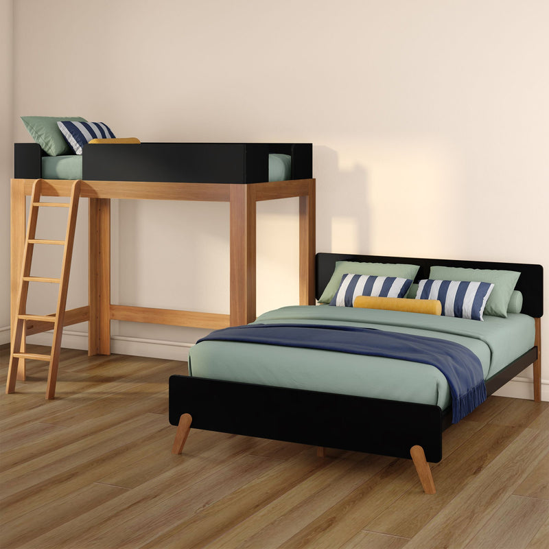 Mid-Century Modern Twin Over Queen L-Shaped Bunk Bed