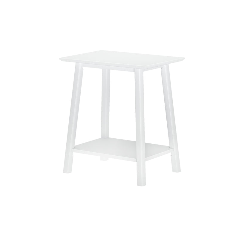 Minimalist white painted wood two-tier side table with square top and lower shelf, modern bedside and living room accent table