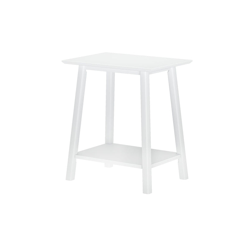 Minimalist white painted wood two-tier side table with square top and lower shelf, modern bedside and living room accent table
