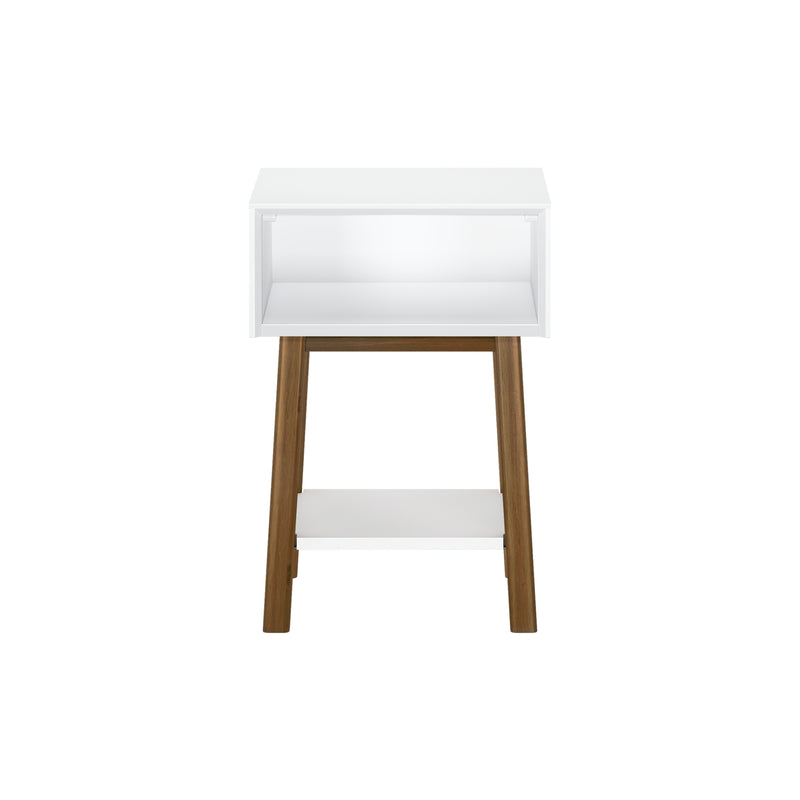 Minimalist white bedside table nightstand with open storage shelf and lower shelf on mid-century modern walnut wooden legs