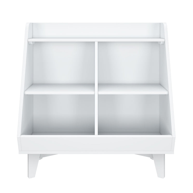 White wooden cubby storage organizer with four open compartments, top shelf and legs — modern toy shelf for nursery, kids' room or entryway
