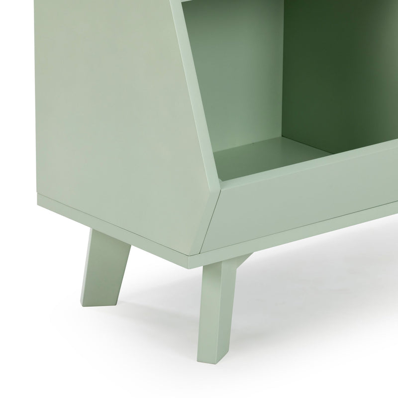 Close-up of mint green modern wooden planter box with angled legs and open storage compartment on white background