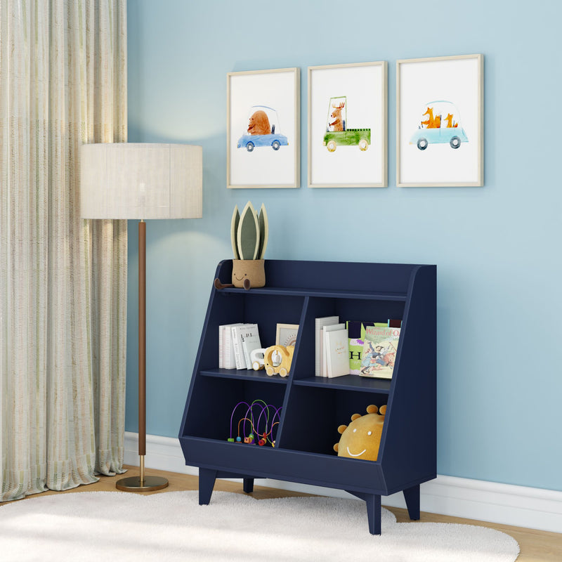 Blue nursery interior with navy toy bookshelf and toy storage, plush toys and children's books, three framed watercolor animal car prints above, floor lamp and patterned curtains — children's room decor and nursery wall art