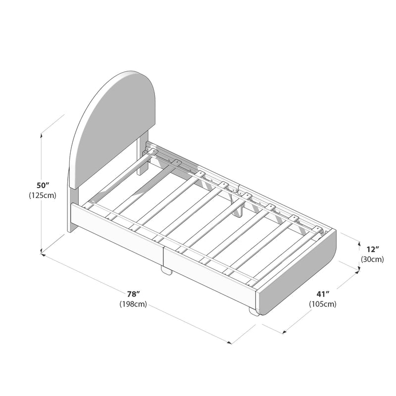Slatted platform bed frame assembly diagram with rounded headboard, dimensions 78" (198 cm) L × 41" (105 cm) W, headboard 50" (125 cm) H and footboard 12" (30 cm) — furniture dimensions and assembly view
