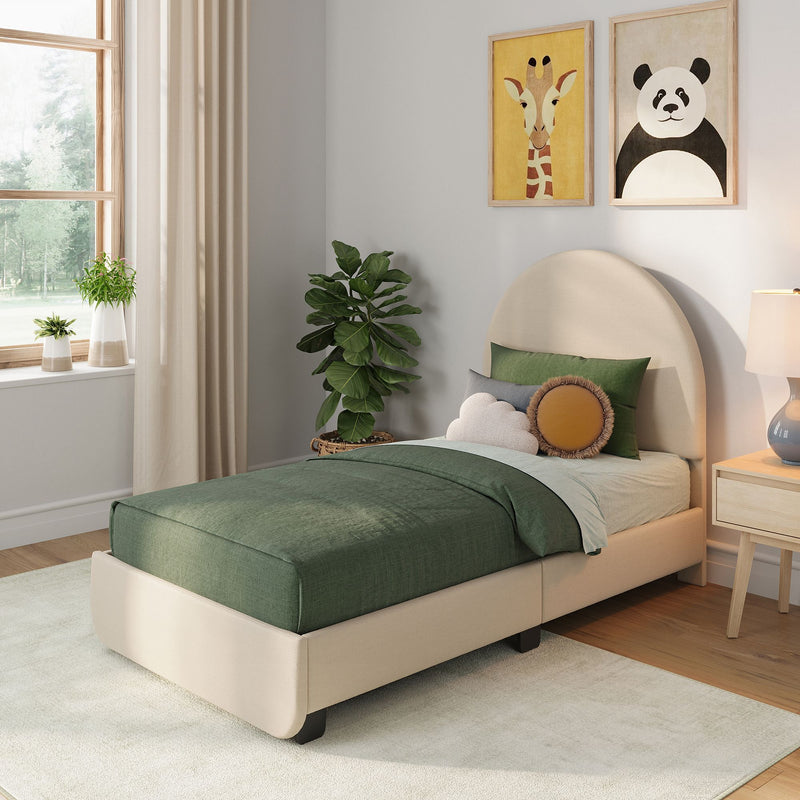 Modern kids bedroom with green bedding on upholstered single bed, giraffe and panda wall art, potted plants and natural window light