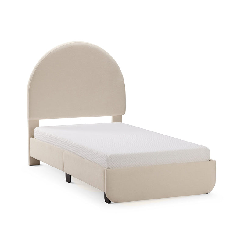 Beige upholstered twin platform bed with rounded arched headboard and white mattress
