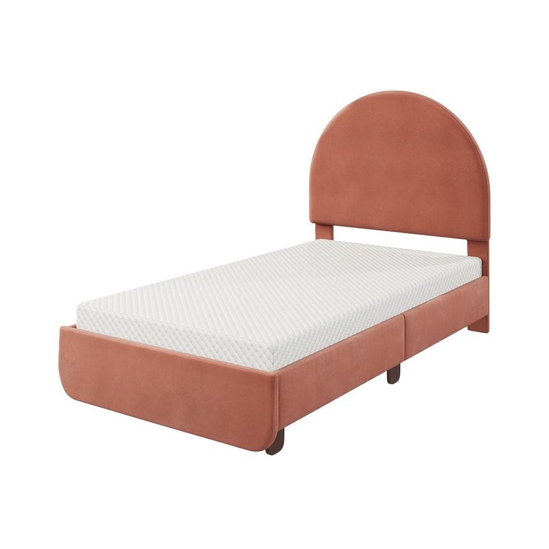 Coral velvet single bed with arched upholstered headboard and white quilted mattress, modern platform bedroom furniture