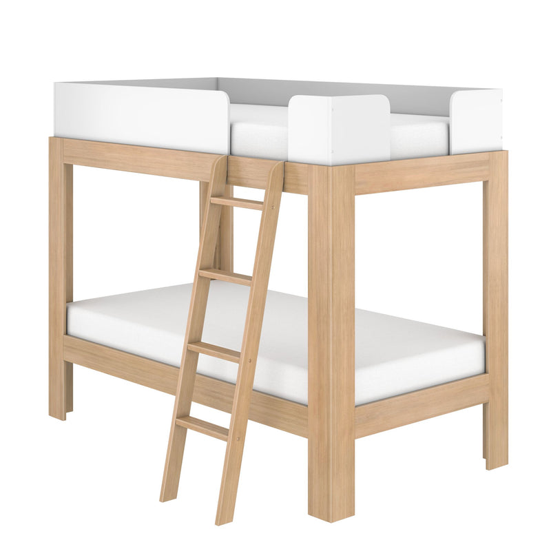 Natural wood loft bed with white panel guardrails and angled ladder, modern kids' elevated bed