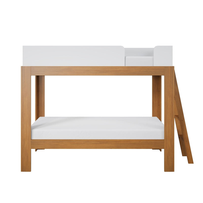 Modern solid oak bunk bed with white guardrails and ladder, twin-size mattresses, minimalist children's loft bed design