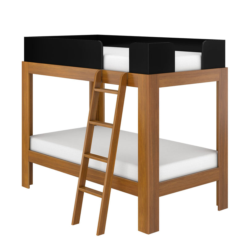 Solid wood twin loft bed with ladder and black safety rails, modern space-saving bunk bed with white mattress