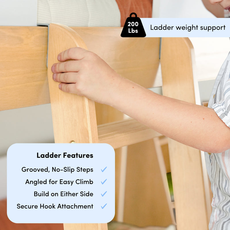 Close-up of a wooden bunk bed ladder being installed with a hand on grooved no-slip angled steps, secure hook attachment, and visible 200 lb weight capacity label, showcasing durable ladder features for safe climbing