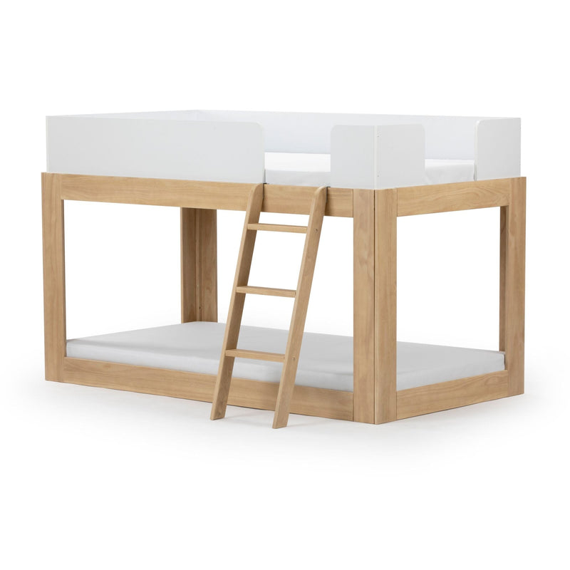 Natural wood loft bed with white guardrails and ladder, modern twin kids bunk-style bed for small bedrooms