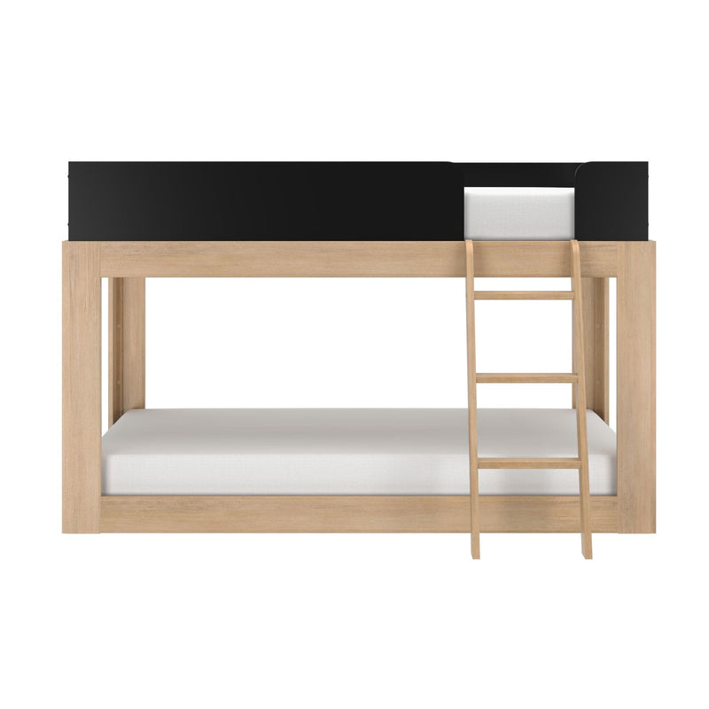 Modern natural wood loft bed with ladder and black safety rail, minimalist bunk bed design for kids and teens