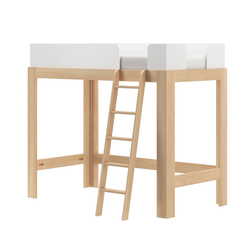Natural wood loft bed with ladder and white safety rails — space-saving high sleeper bed for kids and small bedrooms