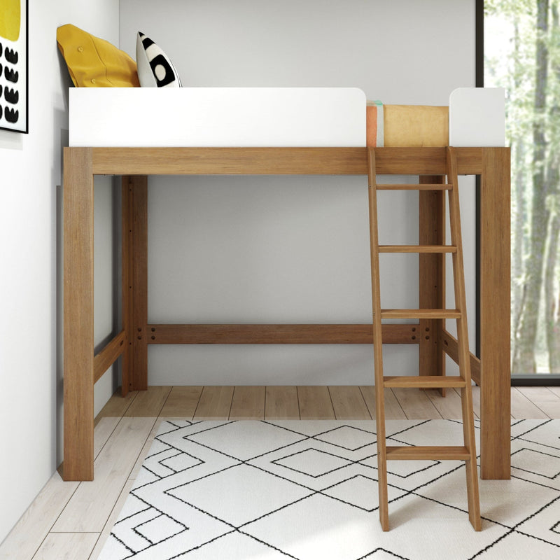 Modern natural wood loft bed with ladder and white safety rail, yellow pillows and geometric rug in a minimalist kids bedroom