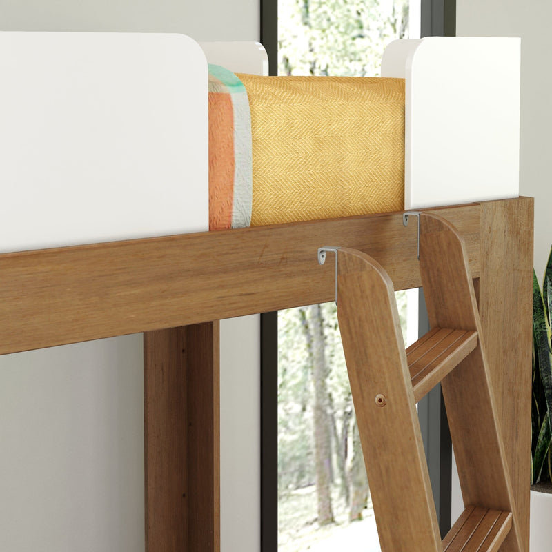 Wooden bunk bed ladder and white safety guard rail with mattress and yellow herringbone blanket in bright bedroom interior