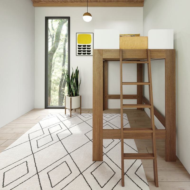 Modern minimalist loft bedroom with wooden loft bed and ladder, yellow bedding, geometric rug, potted snake plant by large window