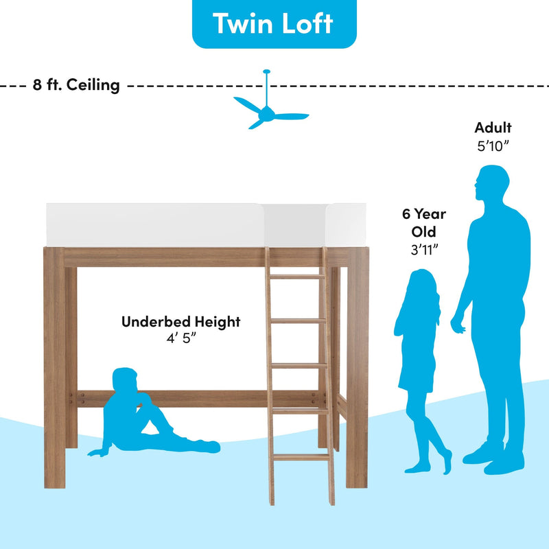 Twin loft bed with wooden frame and ladder, 4'5" underbed height and 8 ft ceiling clearance, silhouettes showing adult and child scale for space-saving bedroom design