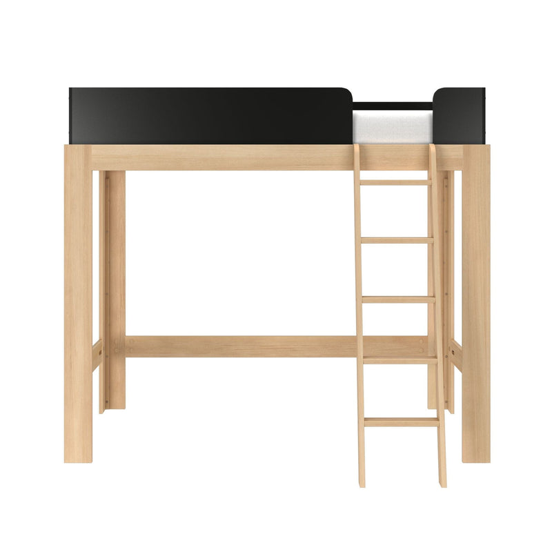 Natural wood loft bed with ladder and black safety rail, minimalist space-saving twin bed frame for kids and small rooms