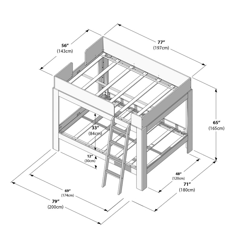 Isometric assembly diagram of a wooden twin-over-twin bunk bed loft frame with ladder, guardrails and slat supports showing detailed dimensions in inches and centimeters (footprint 79" x 71", height 65") for product listing and assembly instructions