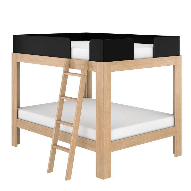 Natural wood loft bed with black guard rails and ladder, twin white mattress — modern space‑saving high sleeper for kids' bedroom