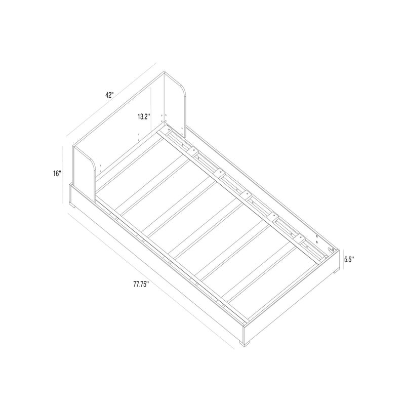 Technical line drawing of a queen-size platform bed frame assembly with slatted support, center rail and headboard, annotated dimensions for product listing and assembly (77.75" length, 42" headboard width, 16" footboard height, 5.5" base)